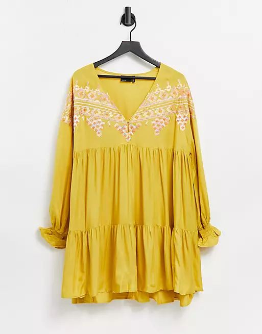 ASOS DESIGN v neck mini smock dress with aztec embroidery in mustard | ASOS (Global)
