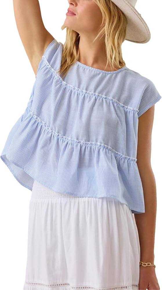 Wanzetaly Women's Summer Tops Striped Shirts Crewneck Cap Sleeve Babydoll Pleated Peplum Blouse | Amazon (US)