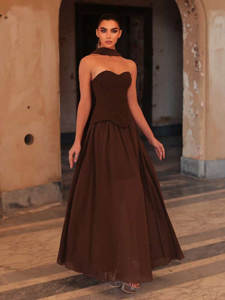 Faeriesty Elegant Strapless Evening Gown Delicate Waist Detailing, Flowing Tulle Skirt, And Open Back – Perfect For Weddings, Portraits, Shoots, Galas, Events | SHEIN
