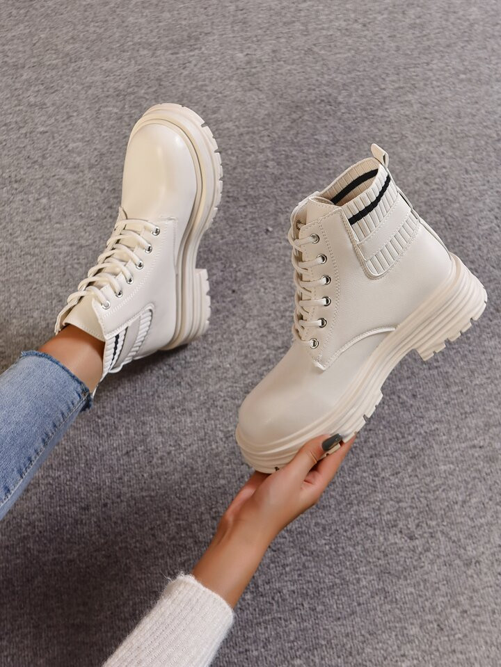 Beige Striped Boots Stripe Pattern Lace-up Boots | SHEIN