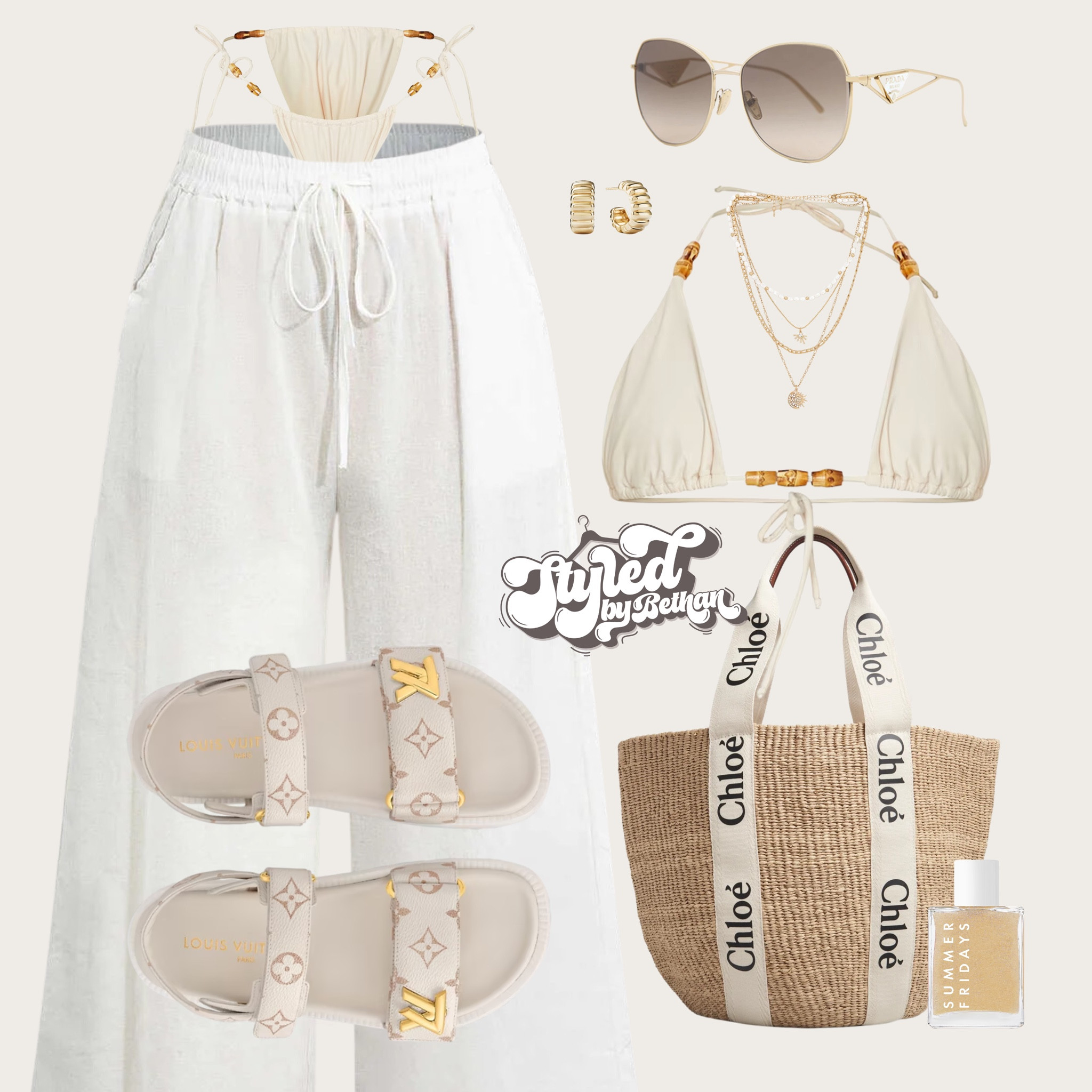 Neutrals 4ever 🪐 tags: pretty little thing beige bikini, micas white linen trousers, Louis Vuitton beige leather sandals, prada sunglasses, mejuri gold hoop earrings, Chloe beach bag, revolve gold layered necklace. Summer, vacation, holiday, neutral, monochrome, light, city break, Barcelona, Ibiza, Greece, Italy.

#LTKeurope #LTKSummerSale #LTKsummer
