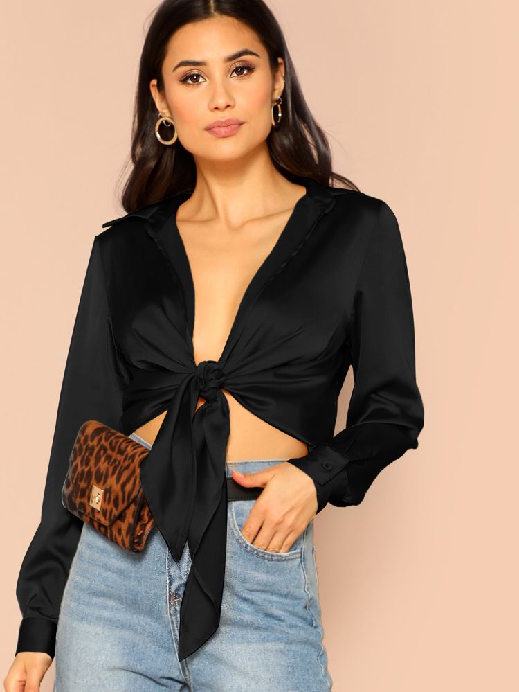 Collared Plunging Neck Tie Front Top | SHEIN