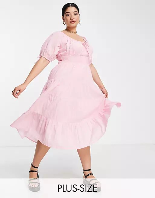 Neon Rose Plus midi milkmaid dress in pink textured spot | ASOS | ASOS (Global)