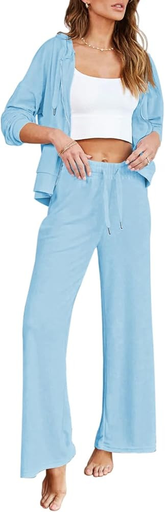 Kisscynest Women's 2 Piece Outfits Lounge Sets Zip Up Hoodies High Waist Wide Leg Pants Sweatsuit | Amazon (US)