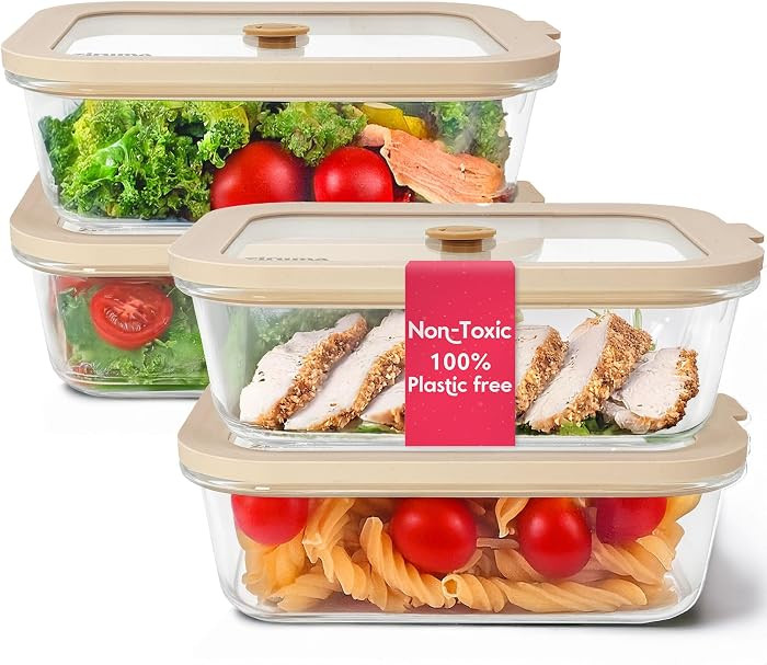 Non-Toxic Glass Food Containers with Lids, 4-Pack, 35 oz, Airtight, Beige | Amazon (US)