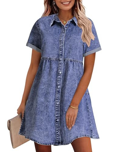 GRAPENT Women's Blue Denim Button Down Shirt Dress for Women, Size Medium, Above Knee Length, High Waist, Short Sleeves, Tiered Back, Casual Daily Wear Dress | Amazon (US)