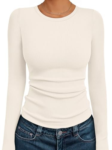 AUTOMET Women's Ribbed Long Sleeve Basic Top - Soft Stretch Crewneck Shirt for Work & Casual Beige S | Amazon (US)
