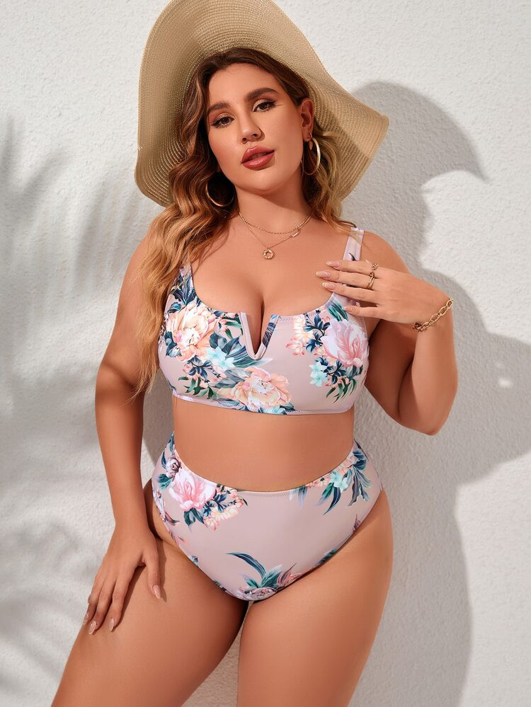 Plus Floral Print V Wired High Waist Bikini Swimsuit | SHEIN