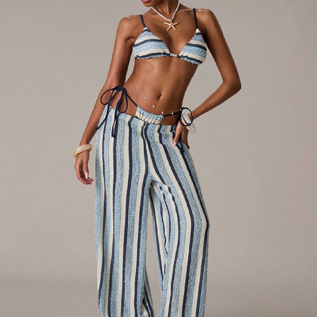 SHEIN BAE Women's Beach Vacation Colorblock Striped Print Hollow Out Twist Waist Cover Up Top And Wide Leg Pants,New Spring/Summer Arrival: Blue Textured Striped Casual Beach Pants. Perfect For Various Occasions Including Beach Vacations, Beach Trips, Beach Parties, Dates, Nightclubs, Picnics, Parties, Music Festivals, Brunch, And More. | SHEIN