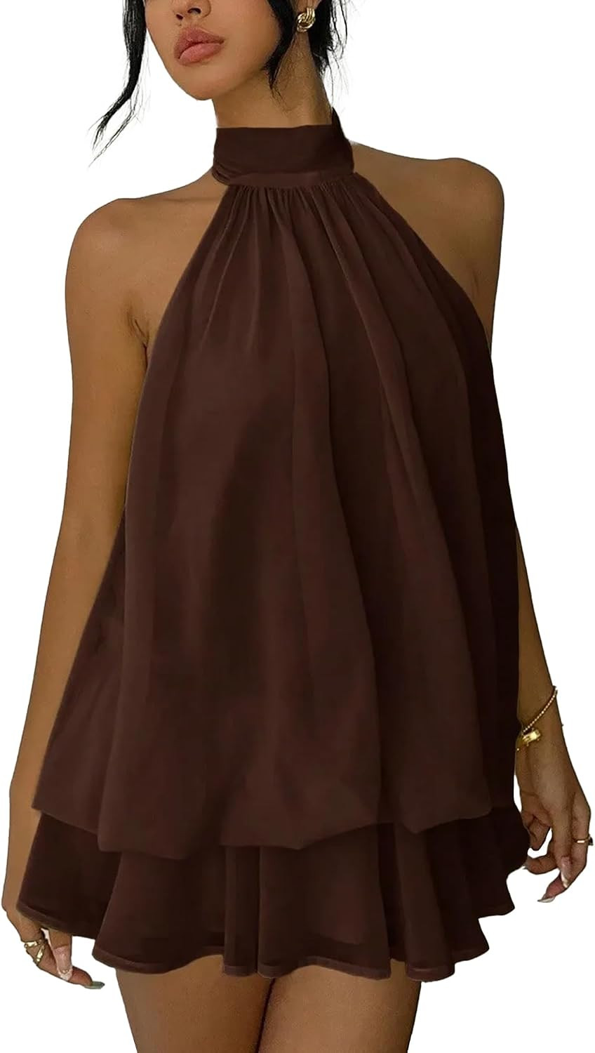 Summer Y2k Party Halter Mini Dress for Women Chiffon Bubble Flowy | Amazon (US)