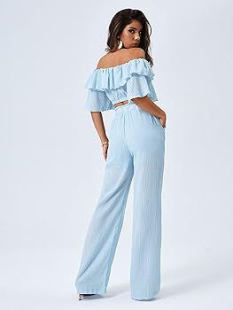 Romwe Women's 2 Piece Outfit Off The Shoulder Crop Top Wide Leg Pants Set | Amazon (US)