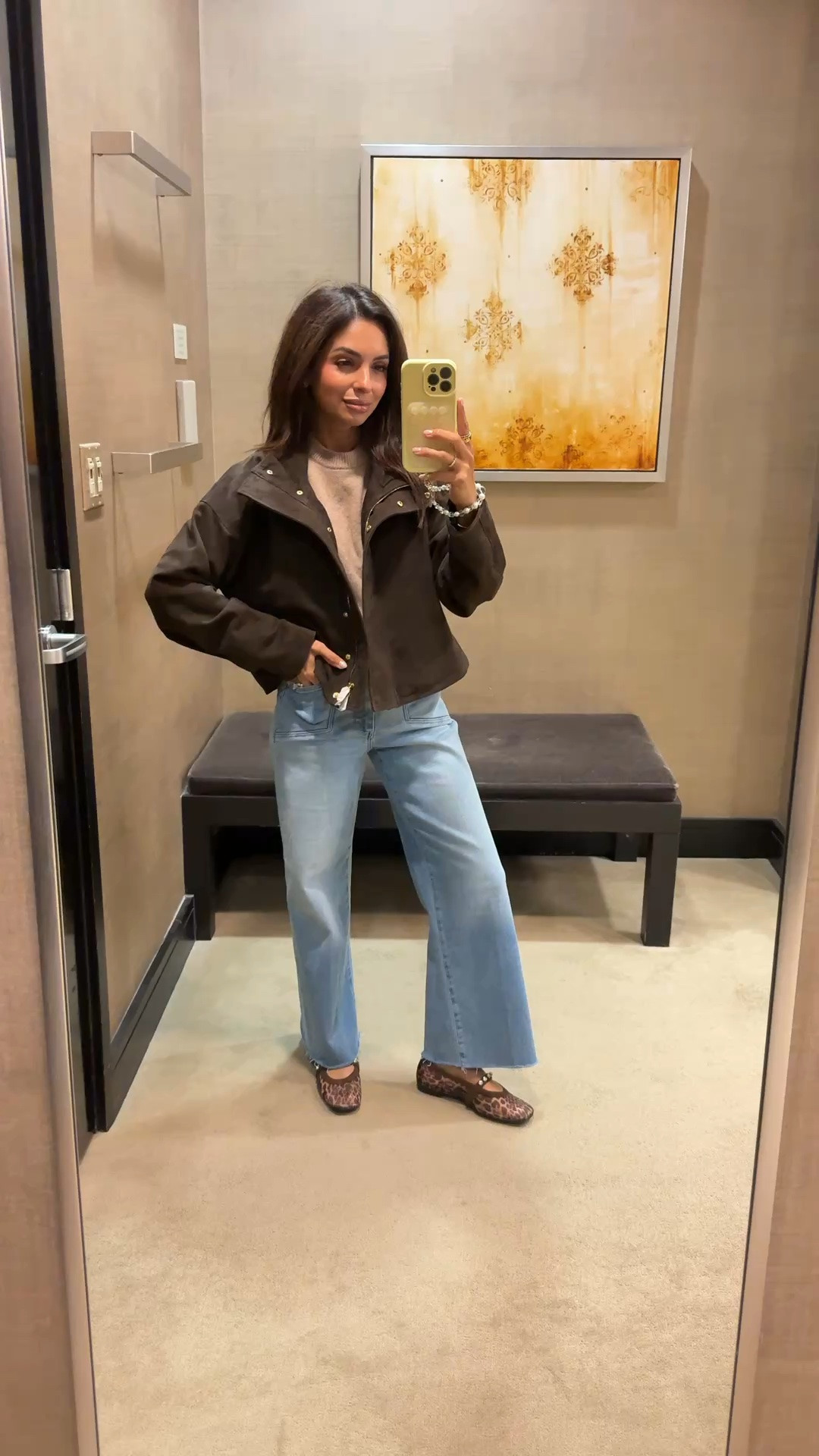 I’m wearing XS in the jacket & sweater & 24 in the jeans.