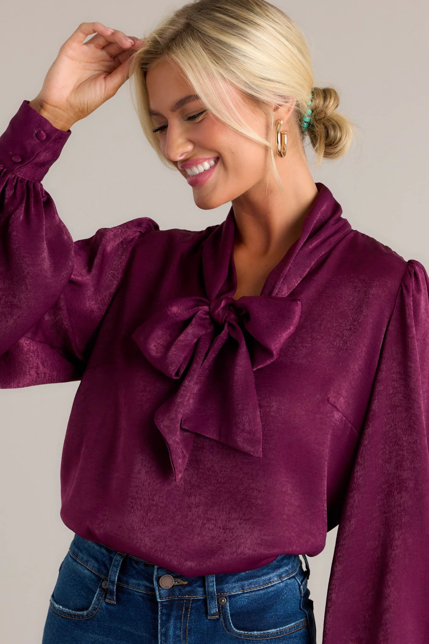 I'm In Charge Dark Purple Tie Neck Top | Red Dress