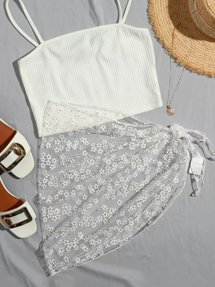 Knot Side Ditsy Floral Sheer Mesh Cover Up Skirt | SHEIN