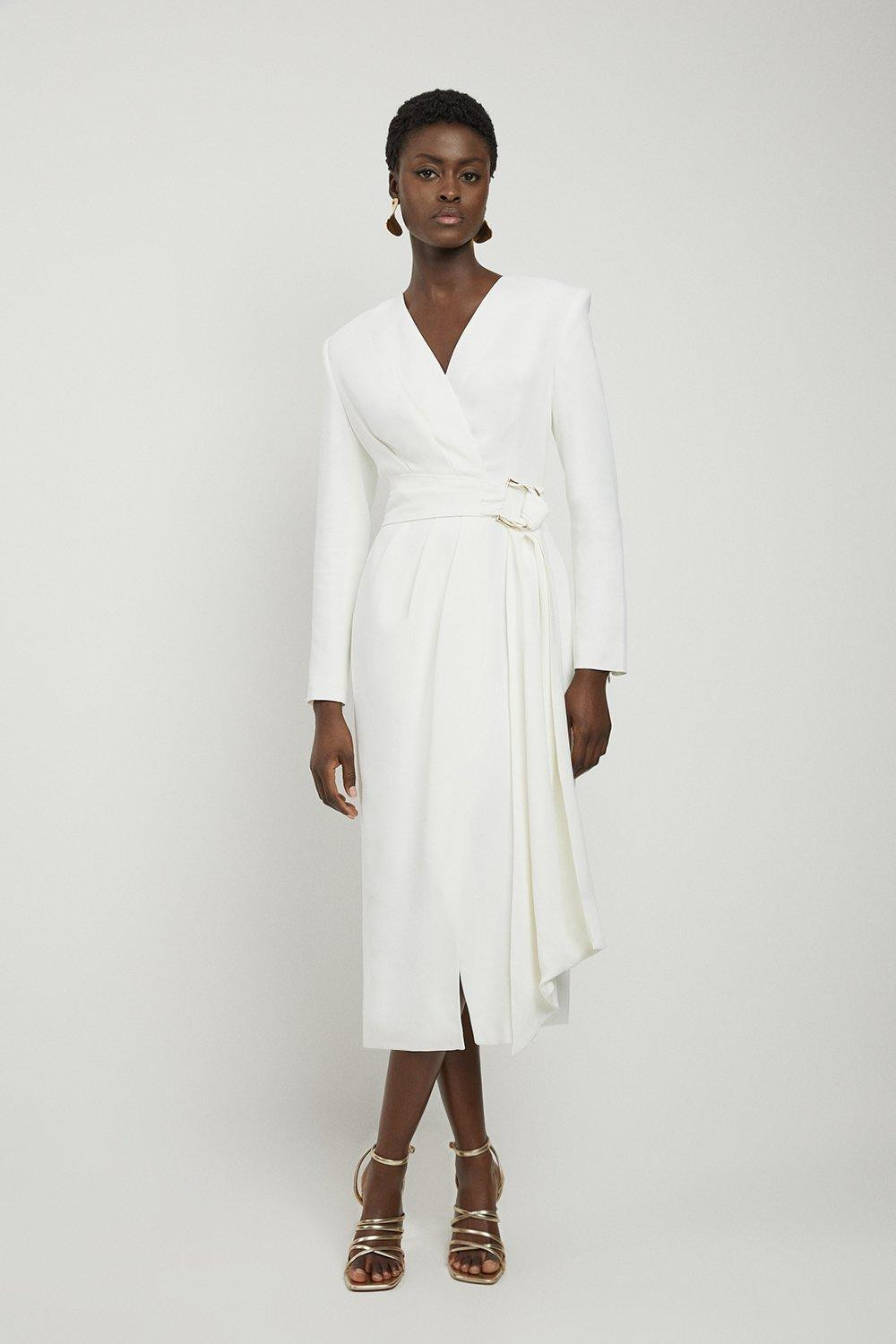 Compact Stretch Viscose Drape Waist Midi Dress | Karen Millen US