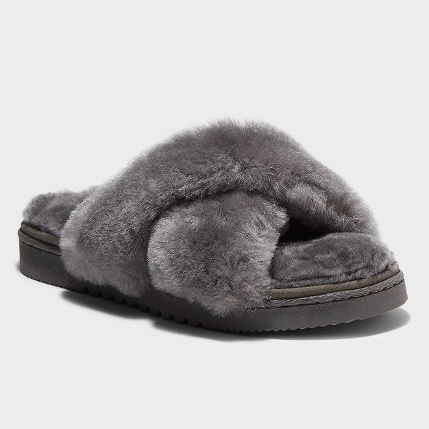 Women's dluxe by dearfoams Rossland Genuine Shearling Crossband Slippers | Target