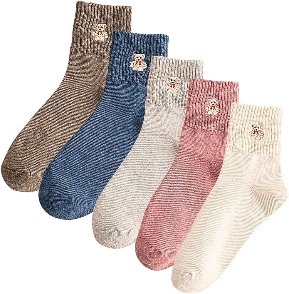 5 Pairs Women Socks Cute Cartoon Animal Ankle Embroidery Bear Casual for Women Socks | Amazon (US)