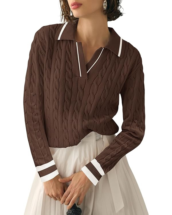 Micoson Womens Fall Long Sleeve Sweaters Lapel V Neck Cable Knitted Pullover Casual Soft Jumper T... | Amazon (US)