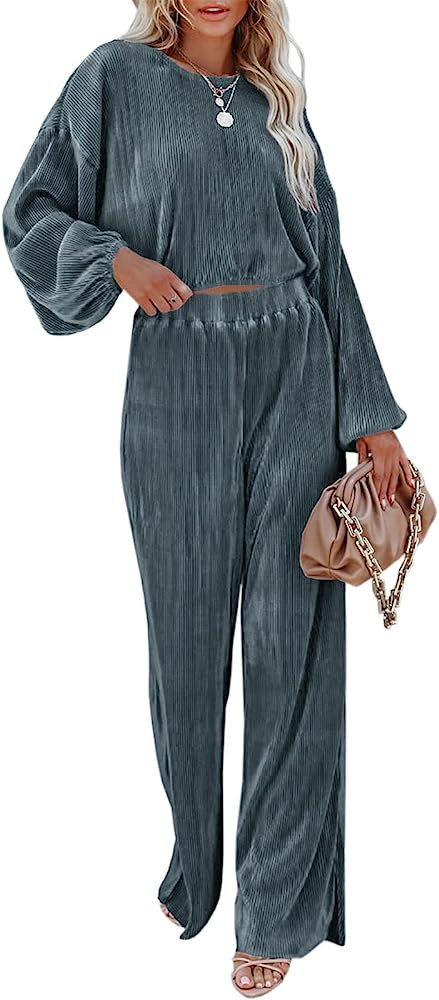 Onedreamer Women’s Causal 2 Piece Outfits Lounge Set Long Sleeve Pullover Tops and Wide Leg Pan... | Amazon (US)