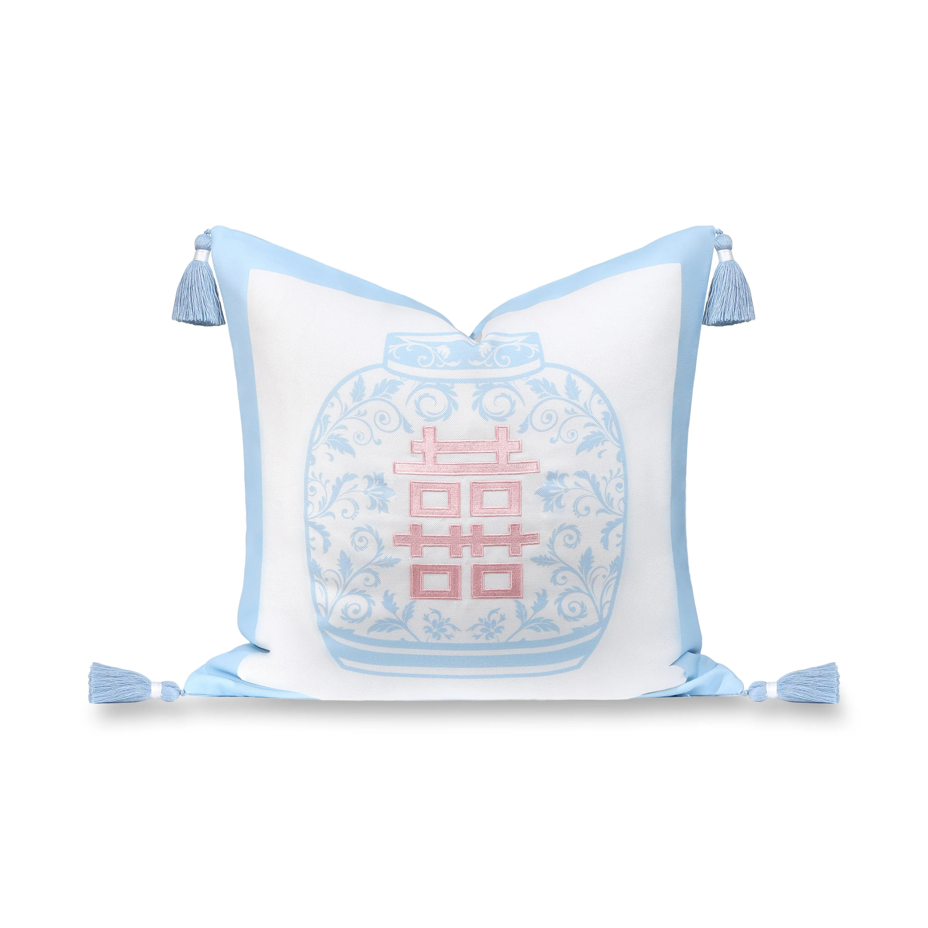 Ruilin Double Happiness, Indoor/Outdoor Pink Baby Blue Pillow Cover, with Tassels, 20 | Hofdeco