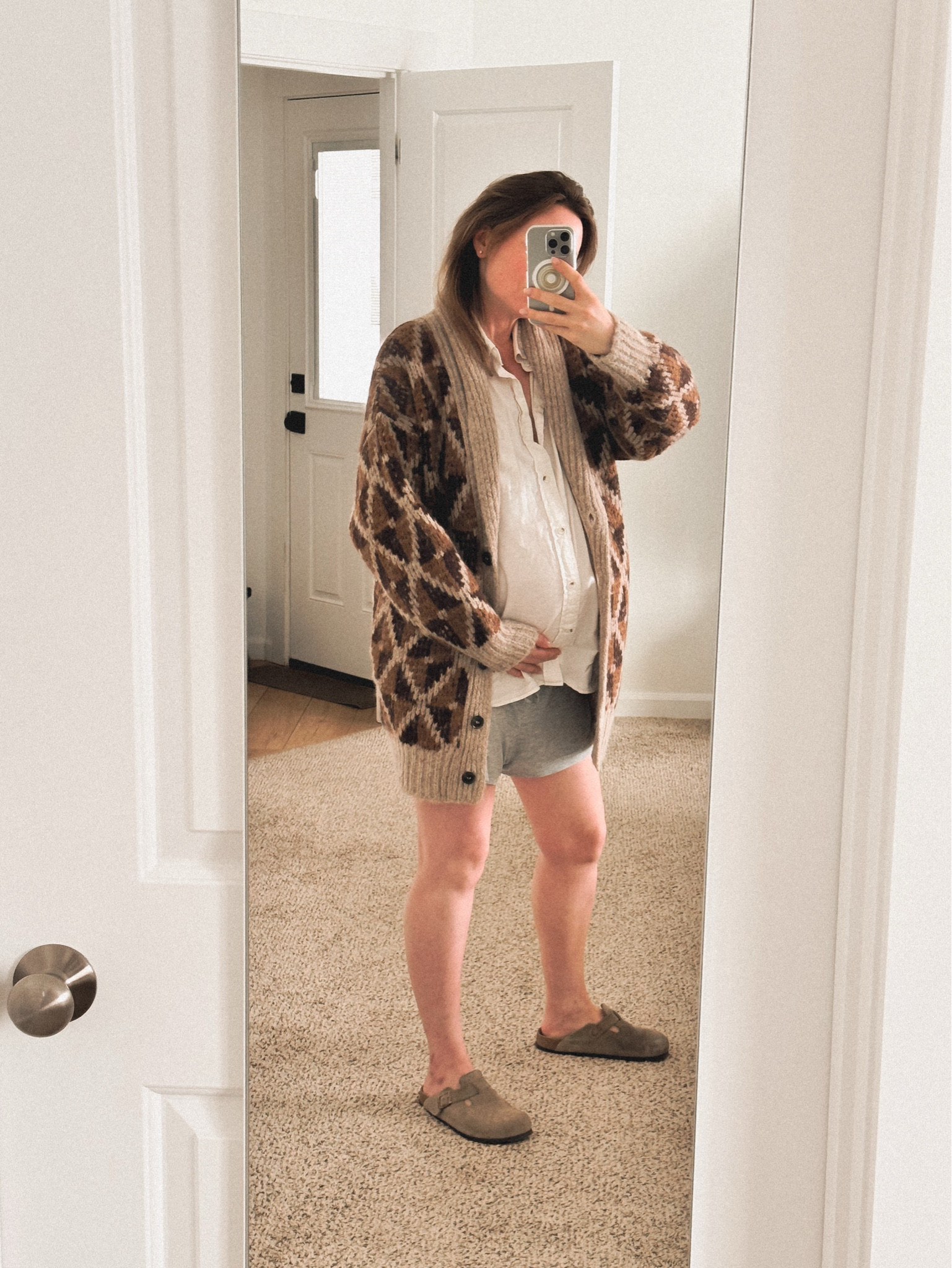Lazy and cozy Saturday, 37 weeks pregnant: 
Gap Maternity Modal Shorts (my favorite sleepwear piece). 
Birkenstock Boston clogs
My hubby’s shirt ❤️🤭🫣🤫
Frame alpaca blend grandfather shawl cardigan 🦙 (on sale right now). 

#LTKSaleAlert #LTKBump #LTKFindsUnder50