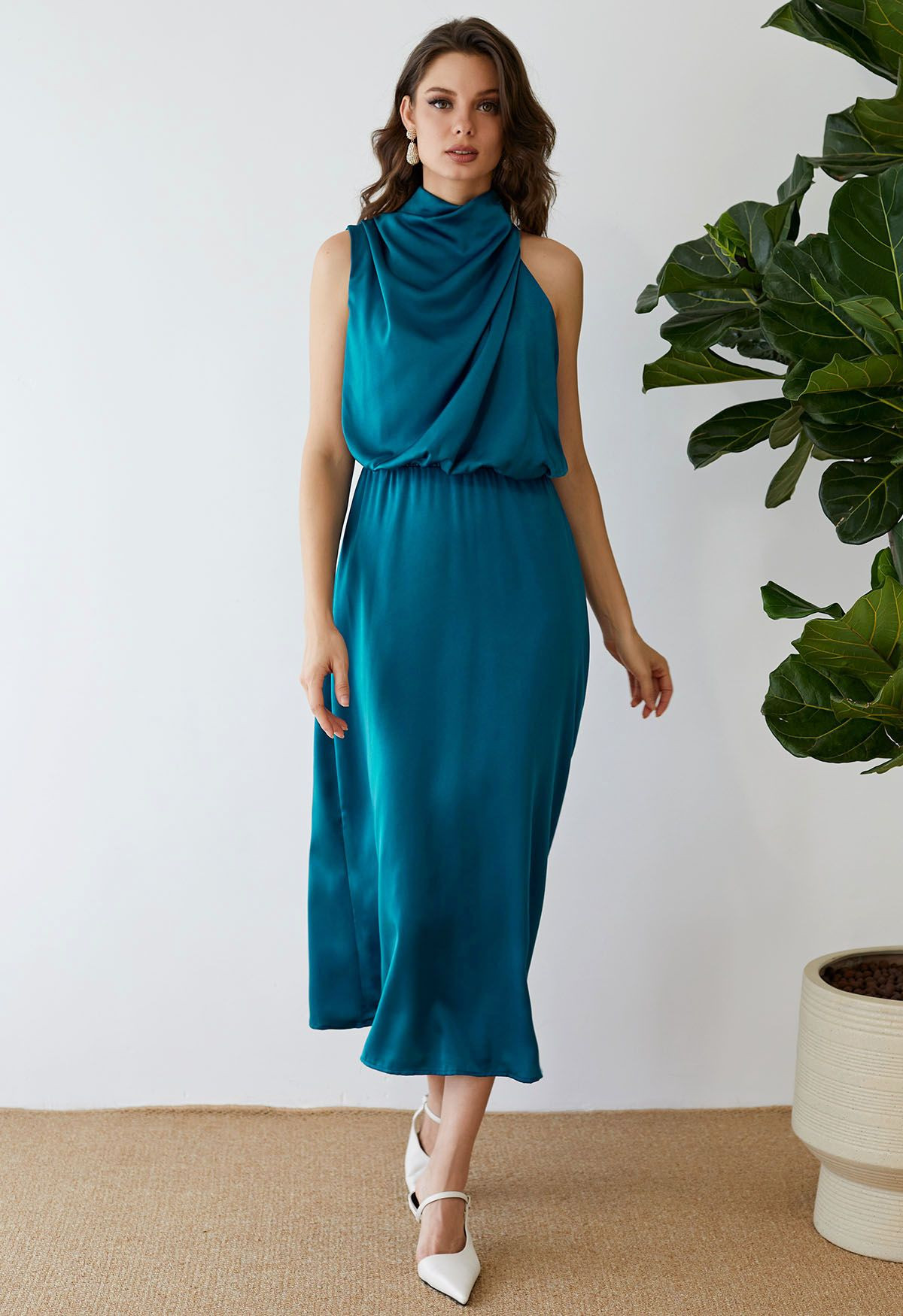 Asymmetric Ruched Neckline Sleeveless Dress in Teal | Chicwish