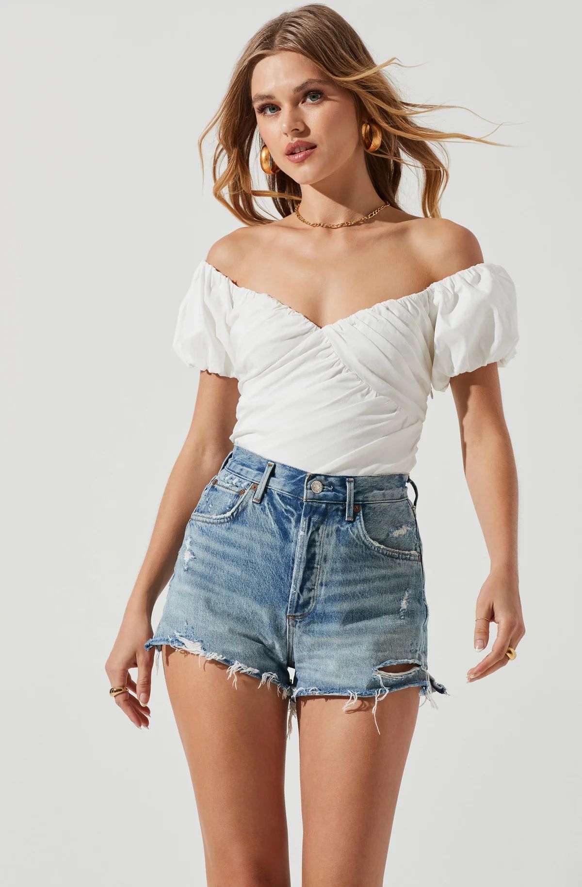 Rayne Ruched Off Shoulder Puff Sleeve Bodysuit | ASTR The Label (US)