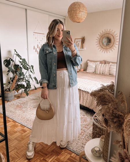 Midsize spring outfit - white maxi skirt (L), Amazon denim jacket (M), Amazon mini handbag 

Spring fashion trends 2024, casual ootd


#LTKSeasonal #LTKmidsize #LTKstyletip