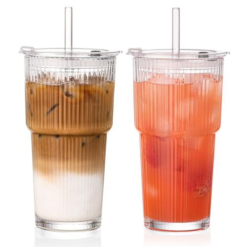 GOSCHE 20oz Ribbed Glass Tumbler with Straw and Lid, Clear Iced Coffee Cups Vintage Glassware, Glass Cups with Lids and Straws for Smoothie Water Tea Juice, Clear, 2 Pack | Amazon (US)