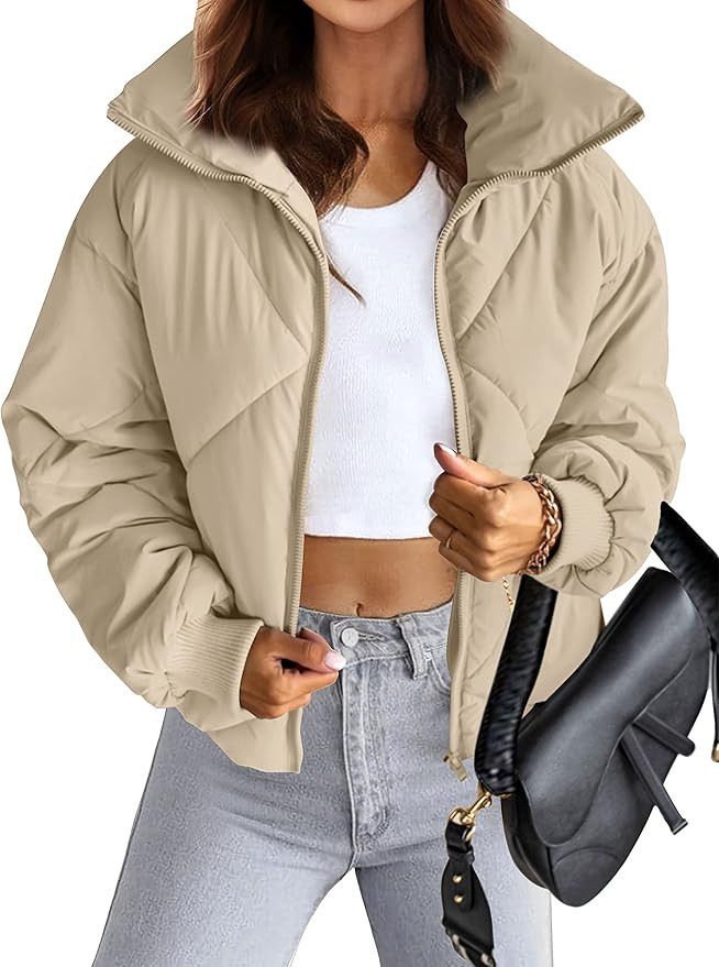MEROKEETY Women's Long Sleeve Zipper Puffer Jacket Winter Quilted Short Down Coat with Pockets | Amazon (US)