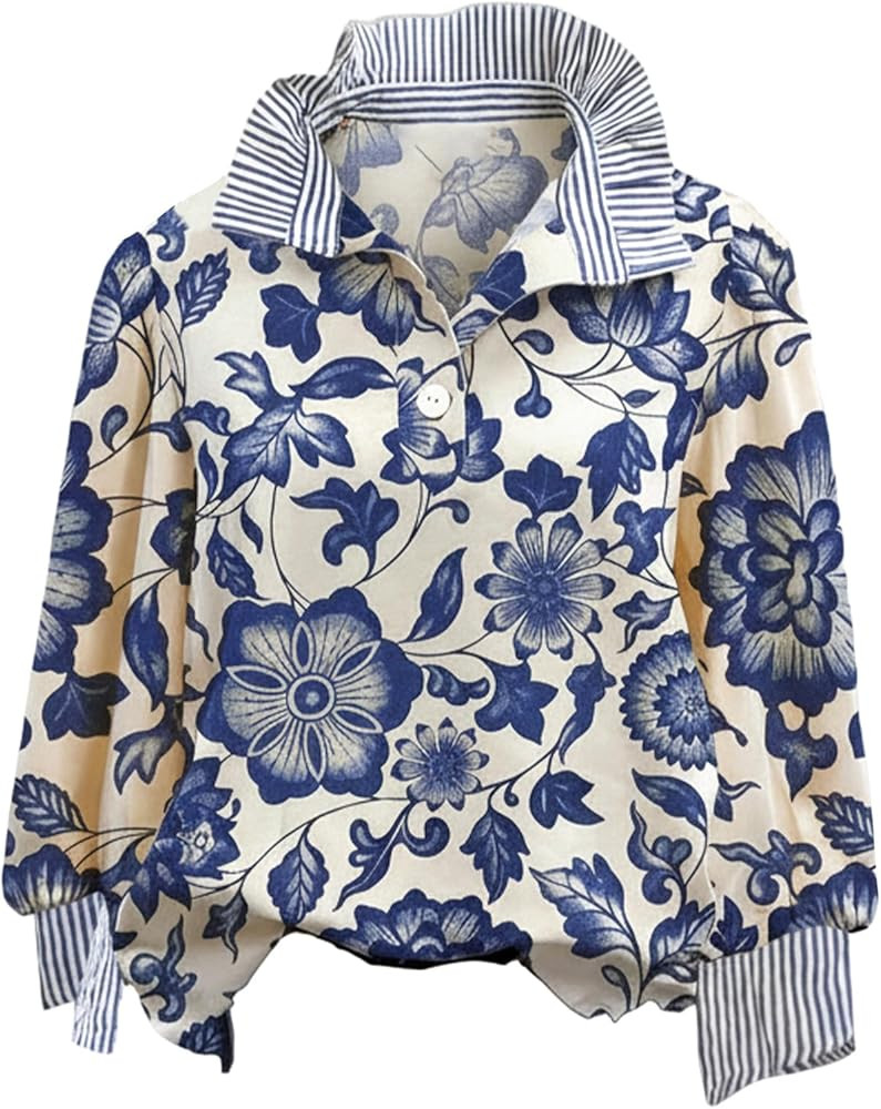 Verdusa Women's Boho Floral Striped Ruffle Button Up Dressy Blouse Collared Colorblock Work Shirt... | Amazon (US)