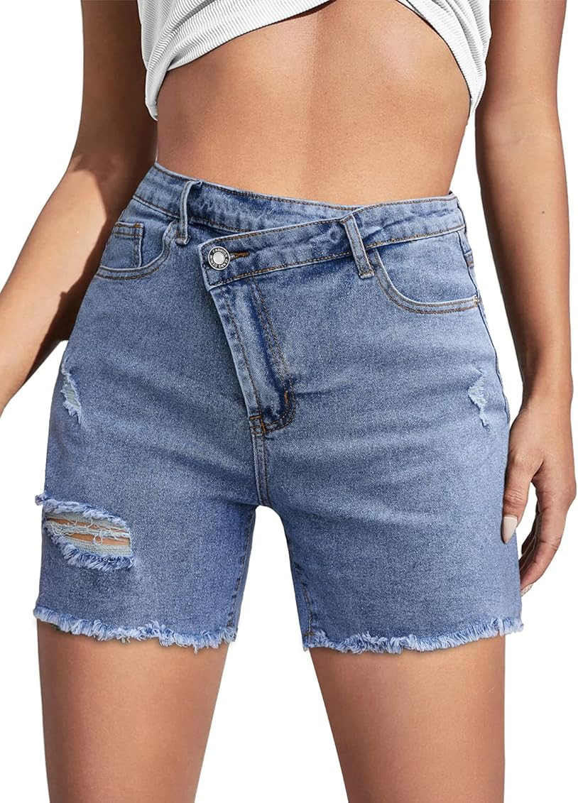 POTILI Women Bermuda Jean Shorts Mid Waisted Distressed Stretch Denim Shorts Summer Skinny Ripped Ra | Amazon (US)