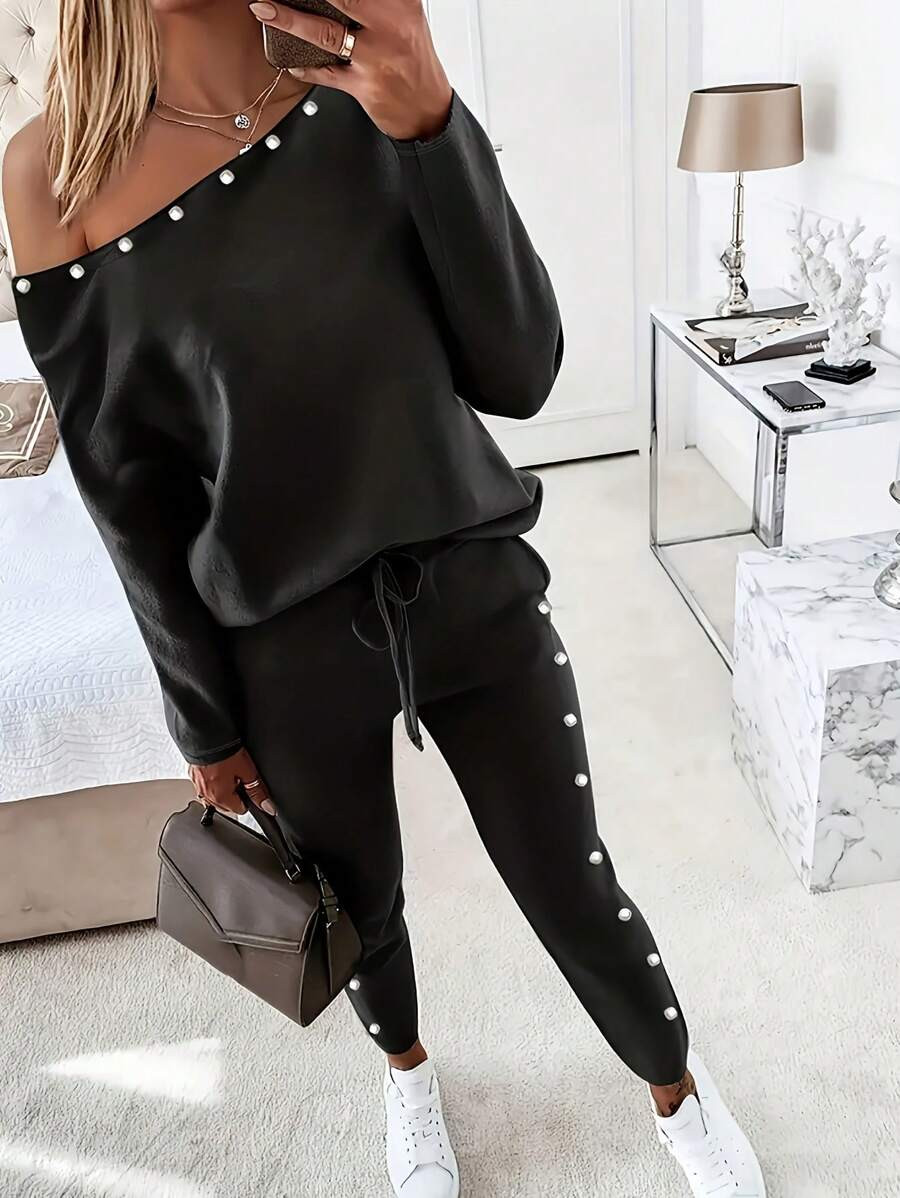 Women's Fashionable Simple Solid Color Long Sleeve Long Pants Casual Two-Piece Set | SHEIN