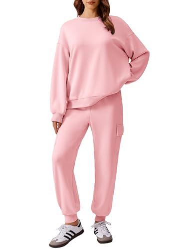 PINSPARK 2 Piece Lounge Set Women Round Neck Sweatshirts Long Sleeve Drawstring Sweatpants Athleisure Tracksuits, Pink XL | Amazon (US)