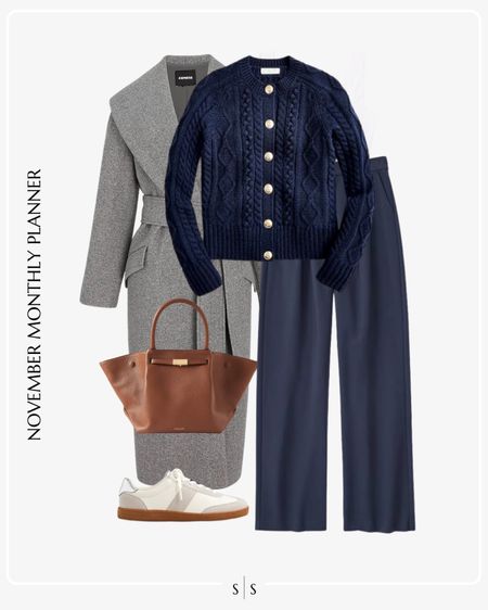 Monthly outfit planner: NOVEMBER Fall and Winter looks | topcoat, cable knit cardigan, navy trousers, court sneakers, brown tote 

See the entire calendar on thesarahstories.com ✨


#LTKstyletip #LTKworkwear