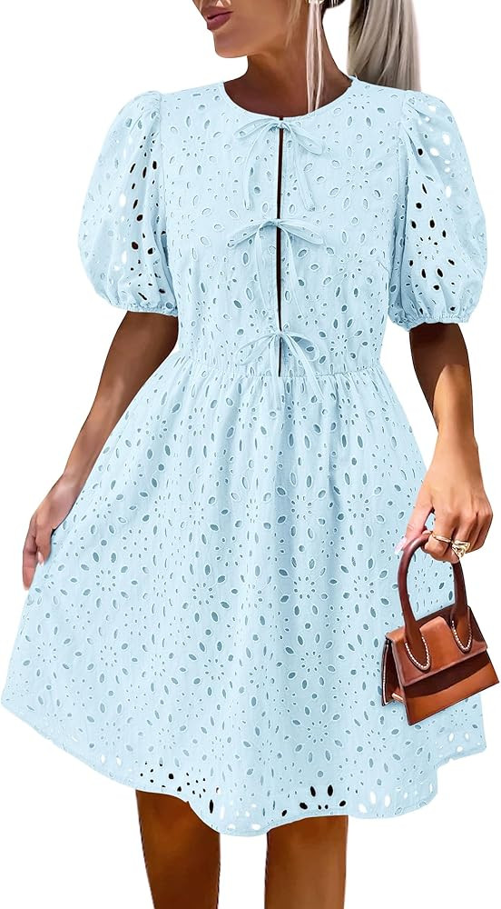 KIRUNDO Womens Summer Dresses 2025 Short Puff Sleeve Tie Front Eyelet Hollow Out A Line Wedding G... | Amazon (US)