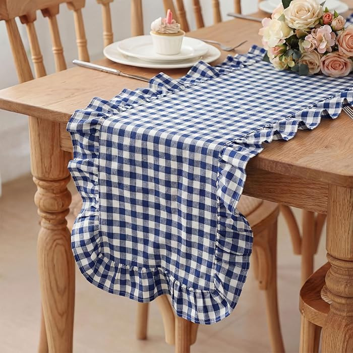 1 Pcs Navy Blue Plaid Gingham Ruffle Table Runner 118 x 13.8'' Farmhouse Table Runner 100% Cotton... | Amazon (US)