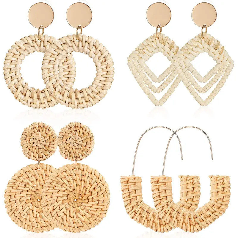 4 Pairs Rattan Earrings Straw Earrings Woven Bohemian Earring Handmade Wicker Braid Hoop Drop Ear... | Temu Affiliate Program