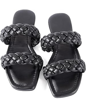 Mtzyoa Women's Sandals Casual Braided Dressy Summer Square Toe Quilted Flat Sandals | Amazon (US)