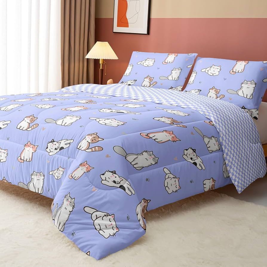 Datura home Purple Kawaii Cat Comforter Bedding Set for Girls Kitten Purple Print Cute Animal Pat... | Amazon (US)