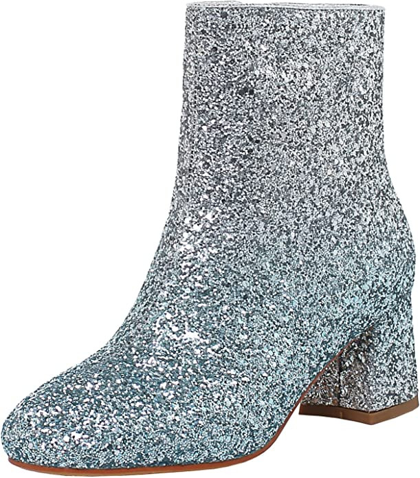 MAVMAX Women's Sequin Glitter Ankle Boots Chunky Heels Sparkly Booties | Amazon (US)