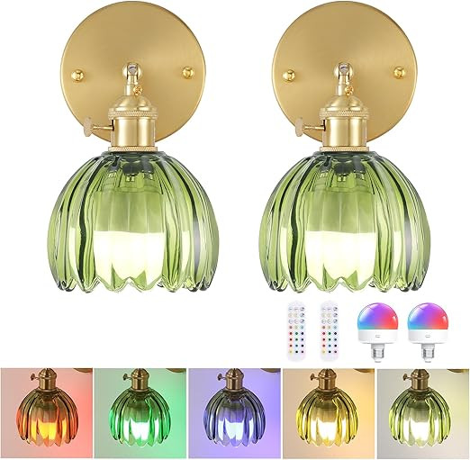 Vintage Battery Operated Wall Sconce with Green Tulip Glass Lampshade Wireless Rechargeable Batte... | Amazon (US)