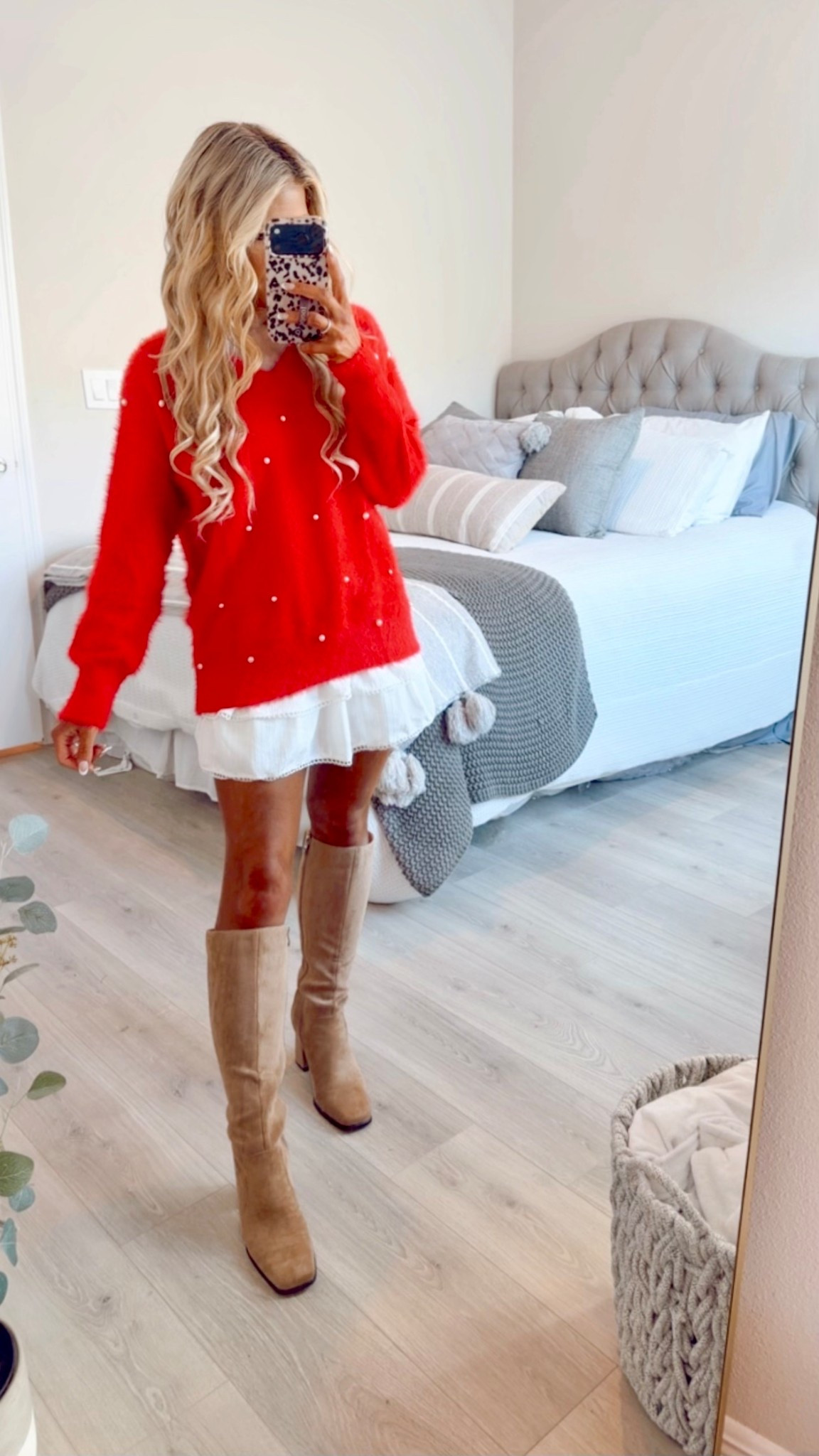 Cozy Holiday Outfit styled with a bright red sweater that has pearls, white ruffle skirt, + tan suede boots.

Holiday party outfit, Christmas outfit, Christmas, party outfit, Christmas sweater, holiday sweater, casual holiday outfit

#LTKHoliday #LTKootd #LTKSaleAlert
