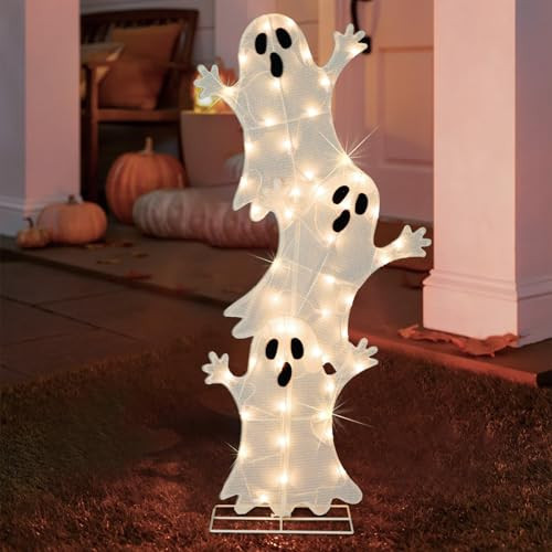 Halloween Lighted 3 Stacked Ghosts, 42’’ H Pre-Lit Lighted Ghosts with 50 Warm White Lights, Light Up Halloween Ghost Decoration for Indoor, Outdoor, Porch, Yard, Holiday Decor | Amazon (US)