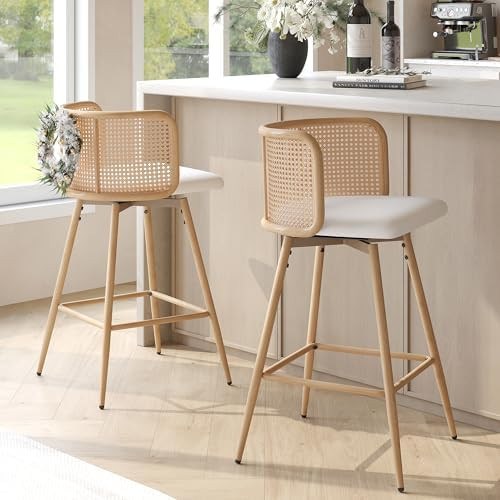 TYBOATLE Swivel Rattan Bar Stools Set of 2, 26” Counter Height Stools with Natural Rattan Woven... | Amazon (US)