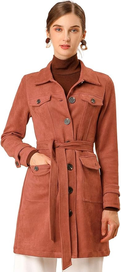 Allegra K Women's Tie Waist Single Breasted Long Sleeves Faux Suede Trench Coat | Amazon (US)