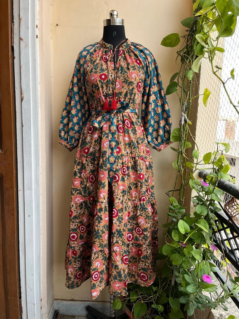 Mix Color Block Printed Cotton Maxi Dress, Summer Wear Long Maxi Dress, Plus Size Long Sleeve Dre... | Etsy (US)