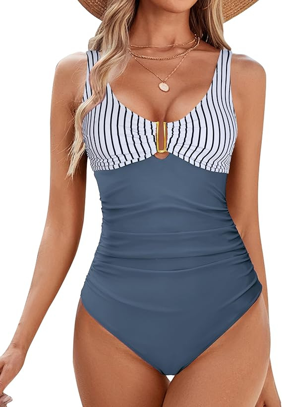 BMJL Women's Tummy Control Swimsuits Ruched Slimming One Piece Bathing Suit Deep V Neck Swimsuit | Amazon (US)