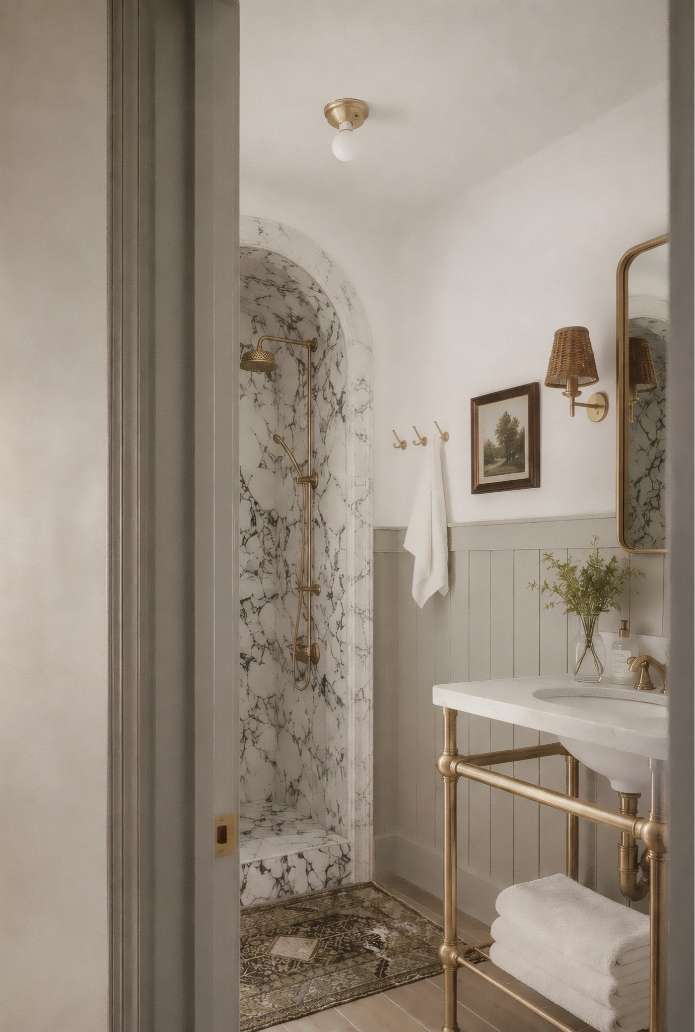 Warm brass, soft painted panelling and richly veined marble create a bathroom that’s classic, inviting and designed to age beautifully.

#LTKhome #LTKstyletip #LTKuk