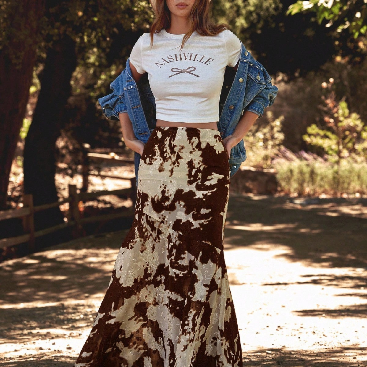 WESTFADE Cow Print Satin Western Seamed Midi Skirt Fall, Autumn, Winter, Boho, Casual, Cute, Country Concert Outfit | SHEIN